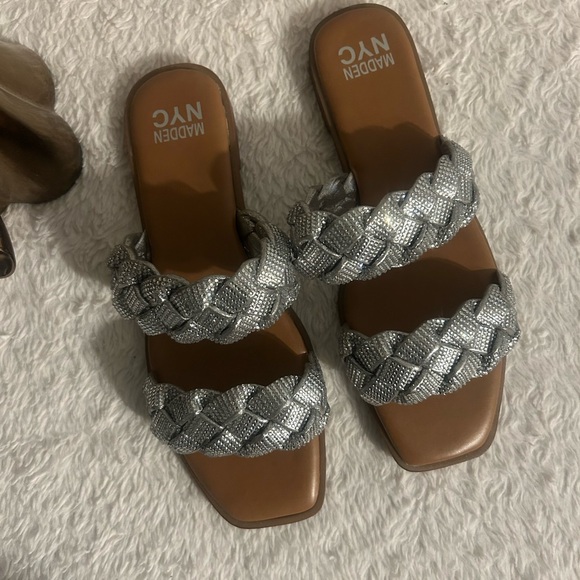 Silver Braided Sandals with Brown Leather Footbed - Picture 2 of 3